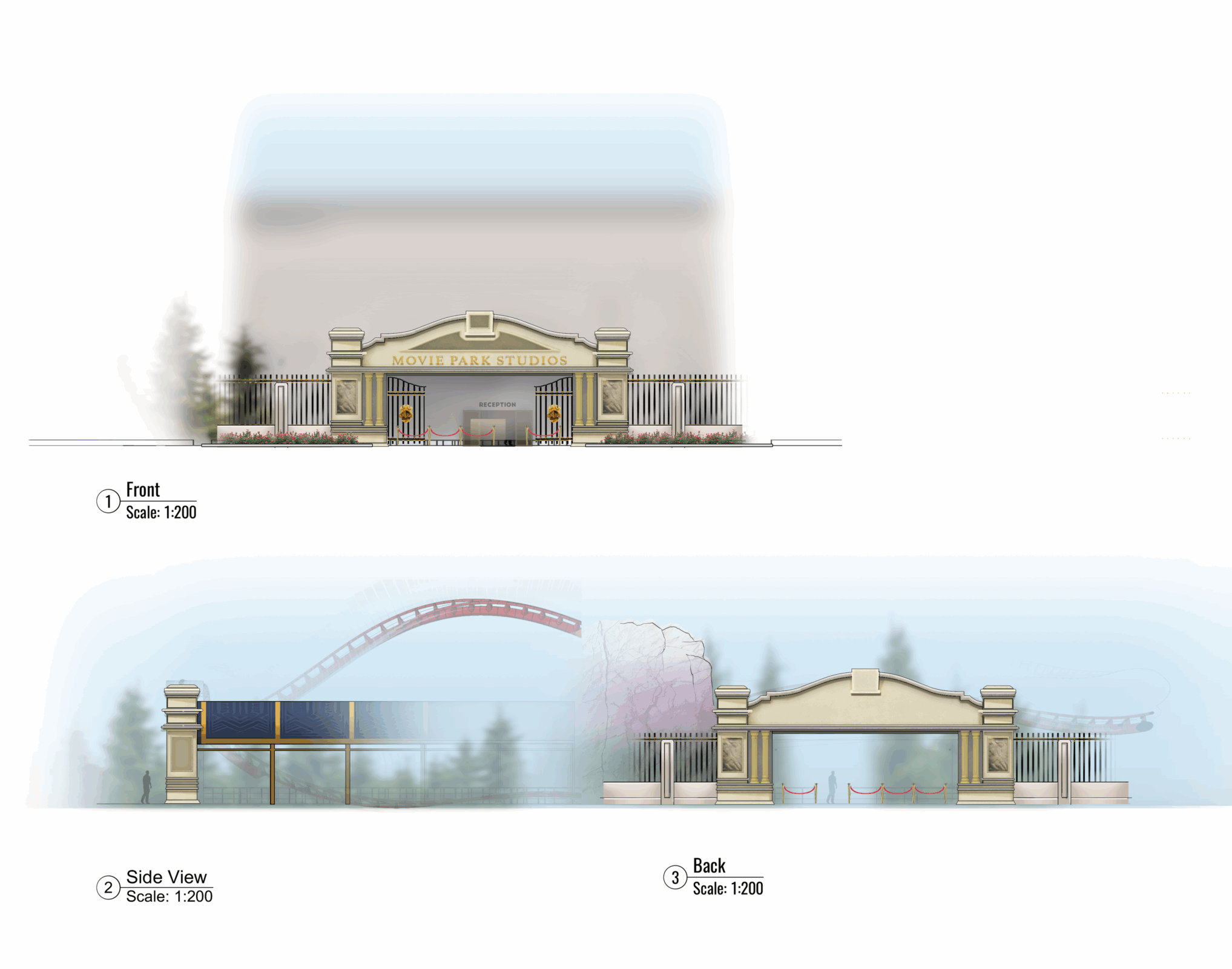 Moviepark Germany studio tour 3D entrance gate elevation